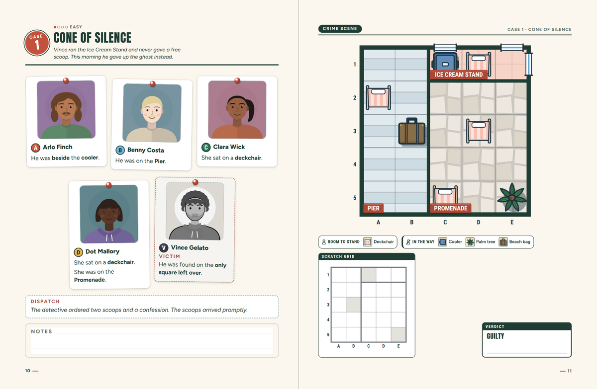 Case 1, Cone of Silence: suspect cards with statements on the left, the crime scene floor plan and scratch grid on the right